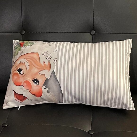 Vintage Design Santa Claus Christmas Pillow Cover - Grey Striped, NWT - Picture 1 of 7